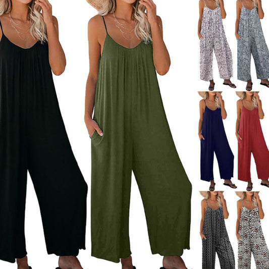 2022 Summer Pocket Casual Loose Wide Leg Sling Jumpsuit L131