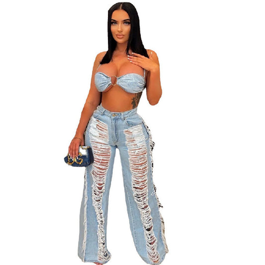 Denim casual tube top halter ripped tassel suit L230