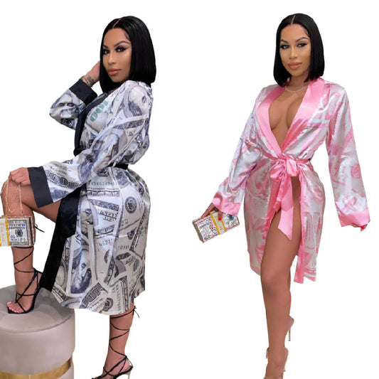 Fashion Dollar Print Cardigan Homewear Bathrobe Pajamas L135