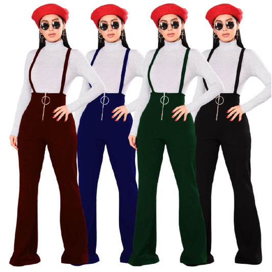 High Waist Big Round Button Zip Flare Leg Slip Pants L134