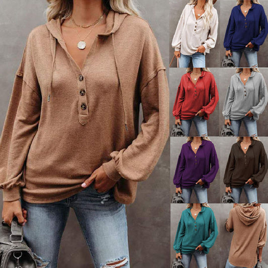 Women's Button-Up Hoodie Casual Loose Solid Color Sweatshirt L232