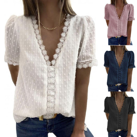 Women's Popular V-neck Short-sleeved Stitching Lace Chiffon Shirt L203